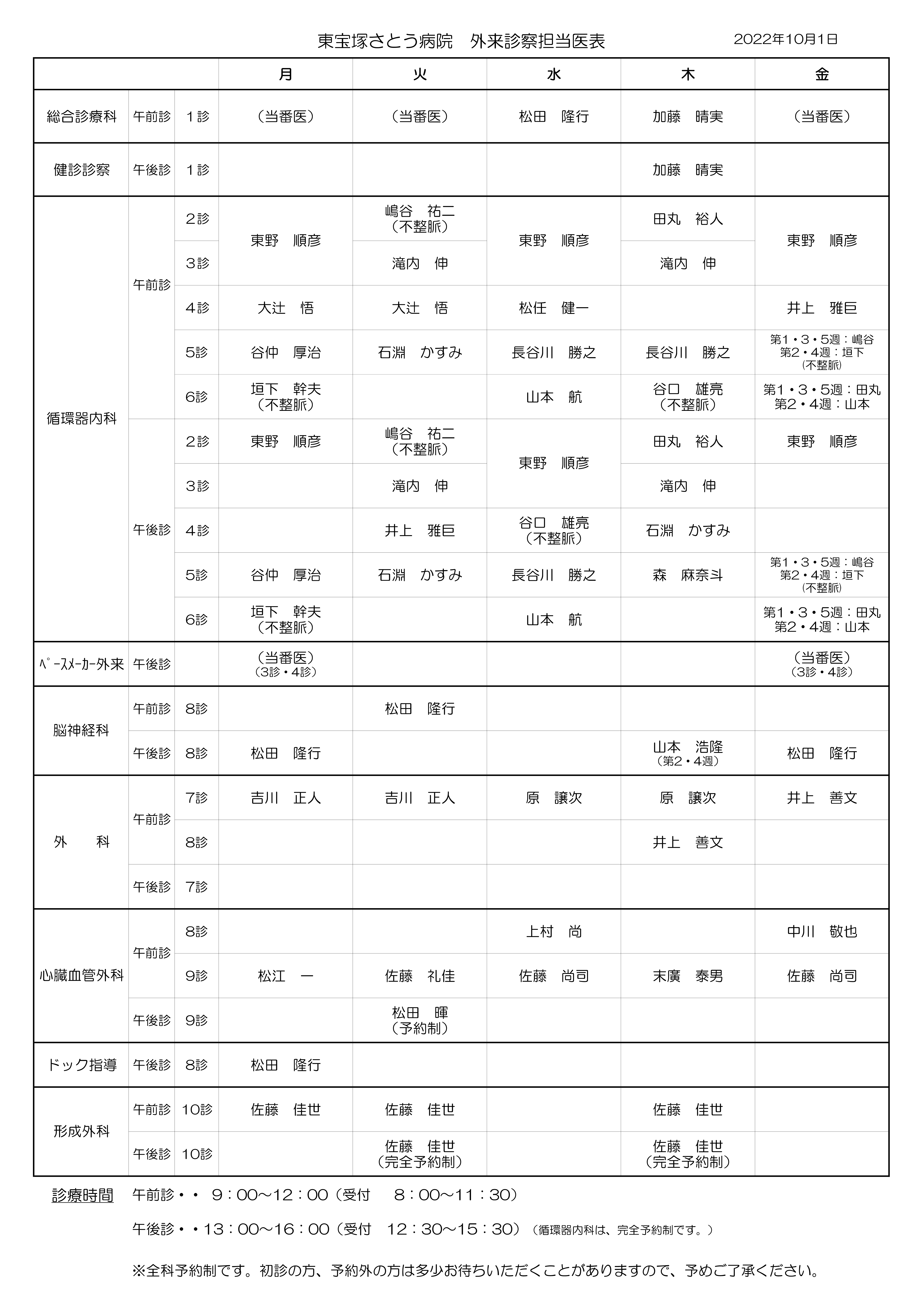 外来診察担当医表(更新:2022年10月1日)