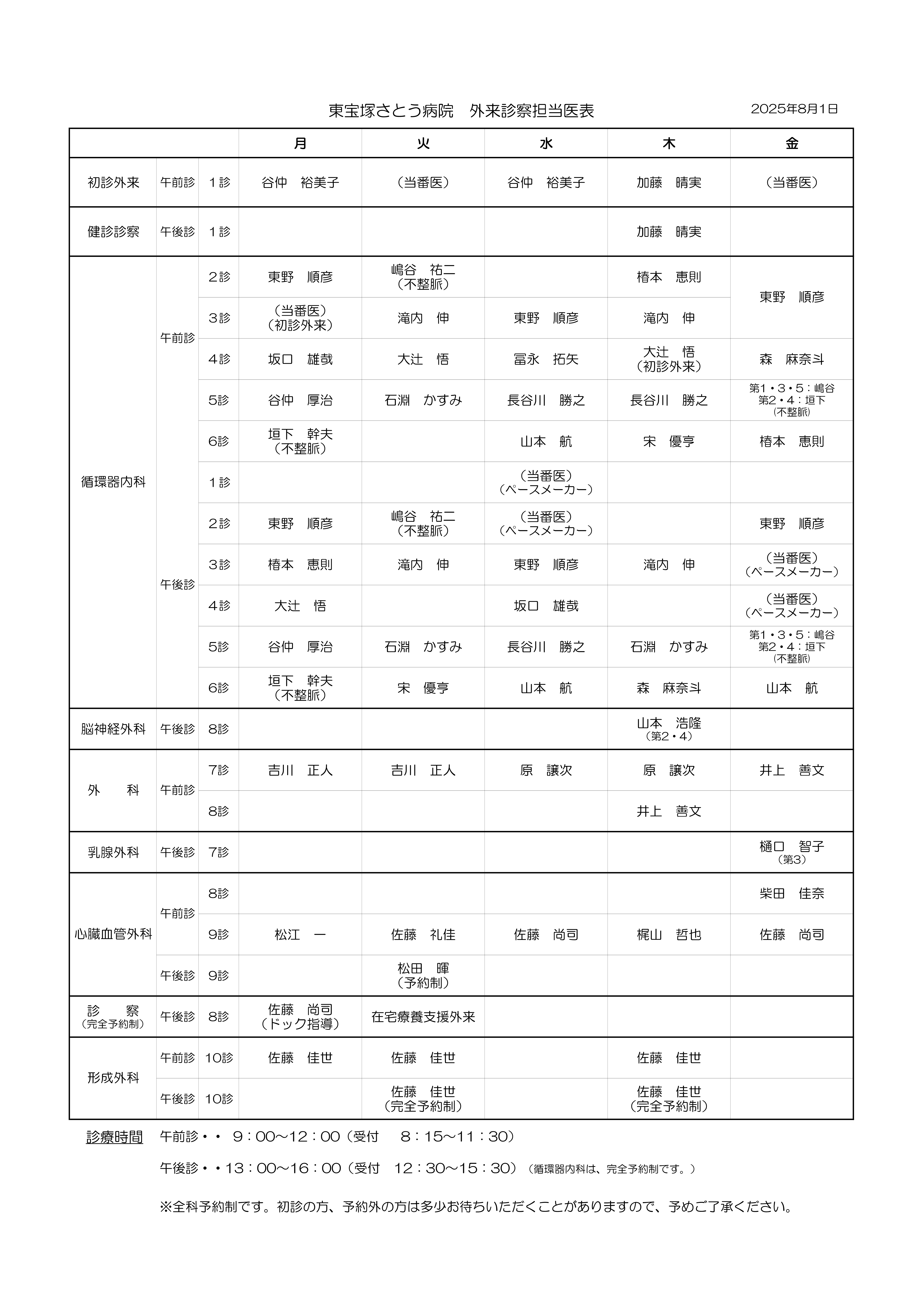 外来診察担当医表（更新：2025年4月1日）