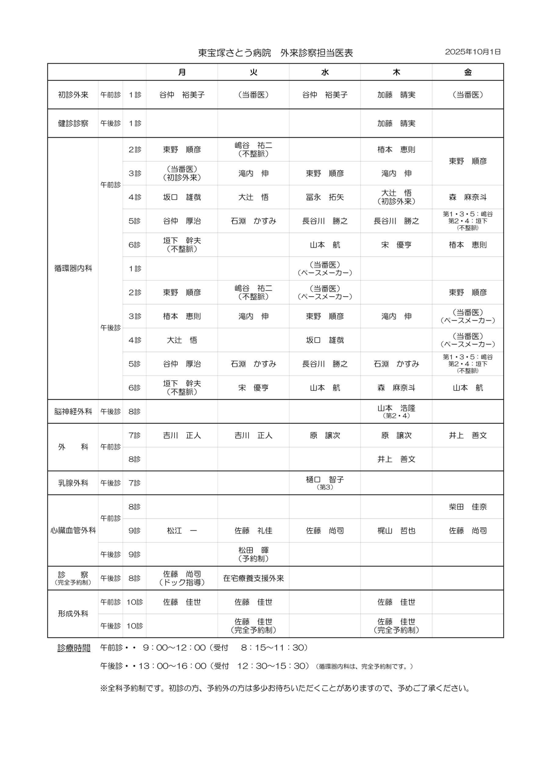外来診察担当医表（更新：2025年10月1日）