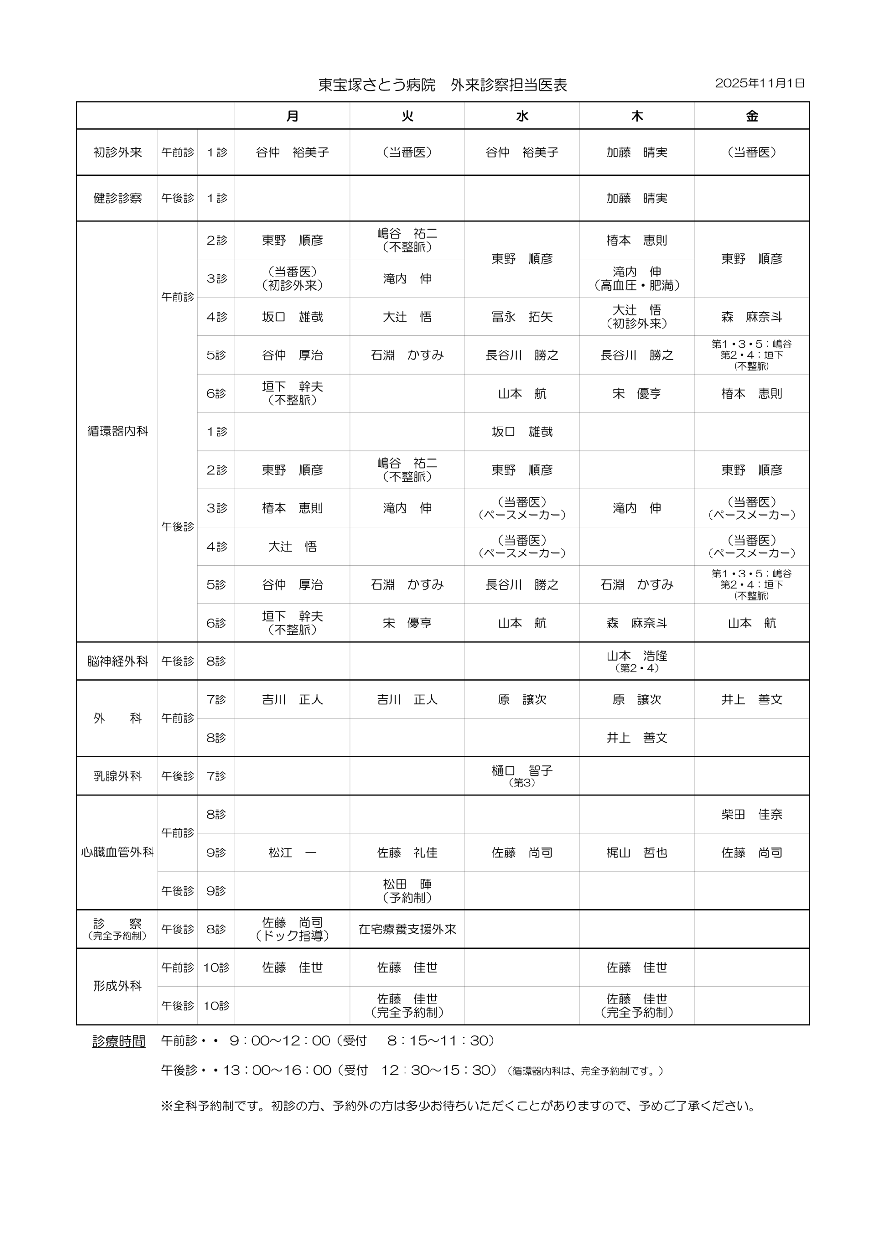外来診察担当医表（更新：2025年11月1日）