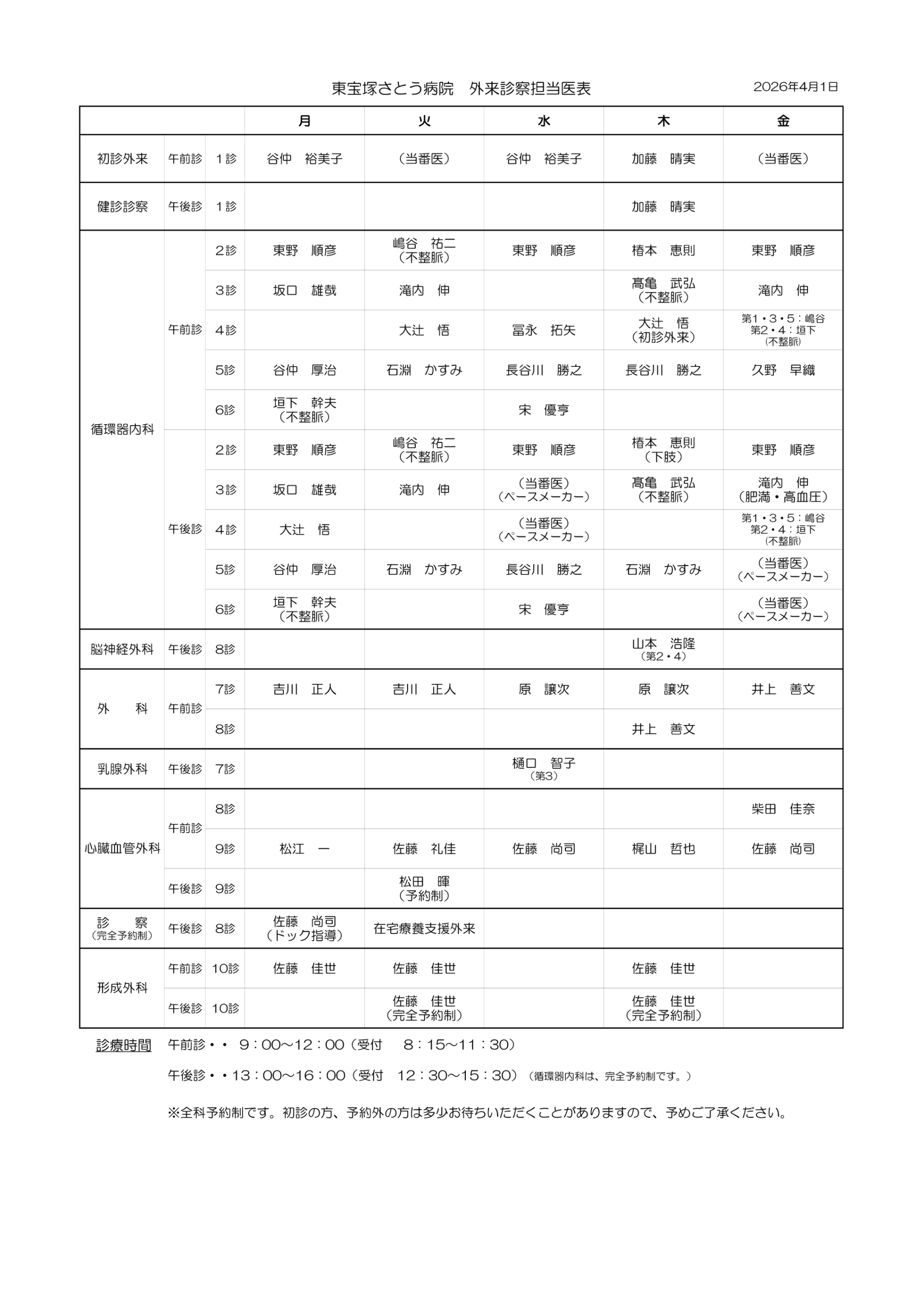 外来診察担当医表（更新：2026年4月1日）